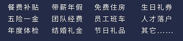 BJL平台员工福利：餐费津贴、五险一金、年度体检、带薪年假、团队经费、完婚礼金、免费住房、员工班车、节日礼物、生日礼券、人才落户、其它……